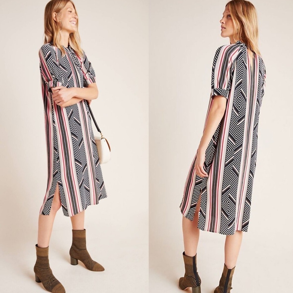 ANTHROPOLOGIE Women's XS McKenzie Mock Neck Midi Tunic DRESS Stripe Boho Retro
